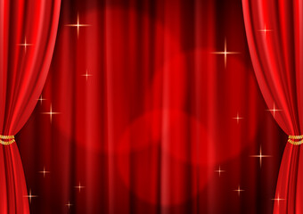 スポットライトが当たっている高級感のあるキラキラしたレッドカーテンのイラスト(ベクターあり)	