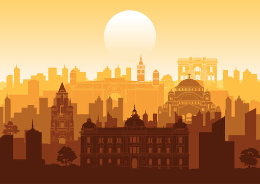 Serbia Famous Landmarks Silhouette Style