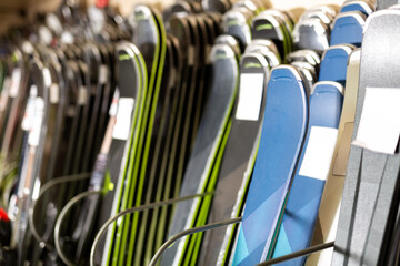 Fototapeta premium Ski shop sale. Rows of colourful alpine skis in modern sport equipment store