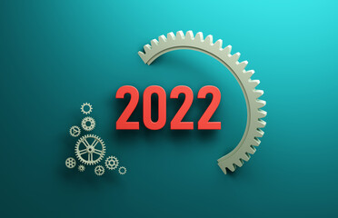 New Year 2022 Creative Design Concept  with Gears - 3D Rendered Image	
