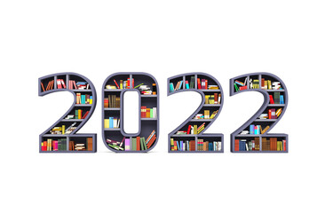 New Year 2022 Creative Design Concept with Books Shelf - 3D Rendered Image	
