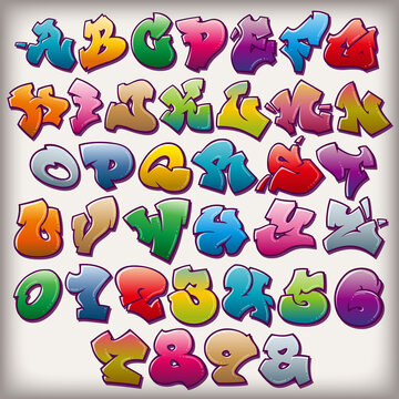 カラフルなグラフィティレターと数字のベクター素材 - Colorful Graffiti alphabet. Handmade alphabet for your designs posters, logo.