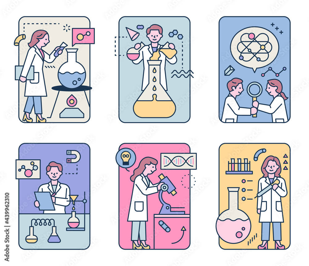 Poster cute scientist characters are doing various experiments with their own experimental equipment. flat 