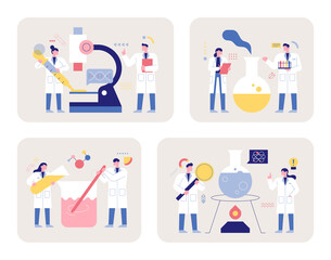  Scientists with simple characters are experimenting with huge experimental equipment. flat design style minimal vector illustration. - obrazy, fototapety, plakaty