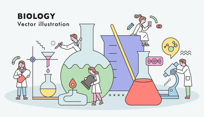 Scientists are doing scientific experiments and research together with huge experimental equipment. flat design style minimal vector illustration. - obrazy, fototapety, plakaty