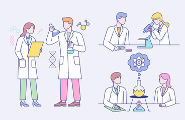 Scientists are doing scientific experiments and research together. flat design style minimal vector illustration.