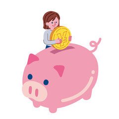 豚の貯金箱と女性のイラスト