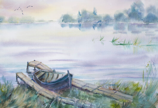 Watercolor drawing wooden boat on a sunset lake background