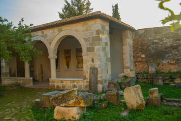 APOLLONIA, ALBANIA: Greek-roman statues in the arcades of the Monastery of Saint Mary.