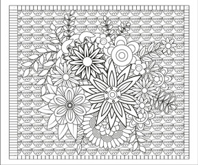 Outline vector drawing of flowers for adult coloring books. Page of floral pattern in black and white