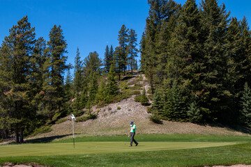 Golfer walking on the green of a golf course. Summer leisure sports concept.