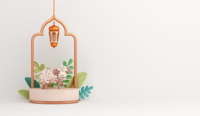 Eid al adha islamic decoration display podium background with goat sheep lantern crescent arabic window ramadan kareem, mawlid, eid al fitr, muharram, copy space text area, 3D illustration.
