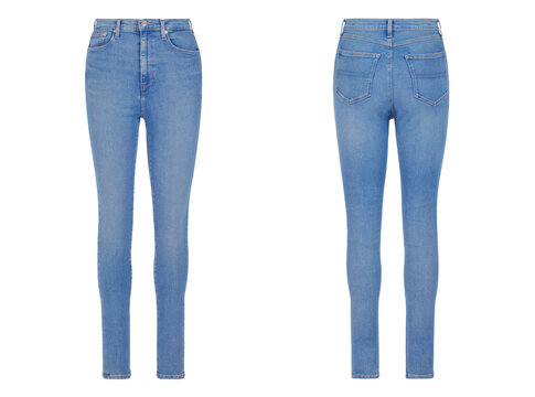 Blue women's modern jeans. Front and back view