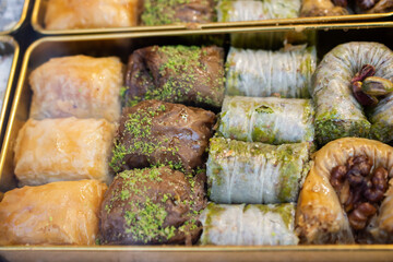 Closeup shot of traditional baklava dessert in a box