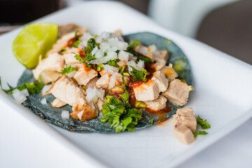 Mexican Carnitas taco with cilantro and onion blue corn tortilla and lemon.