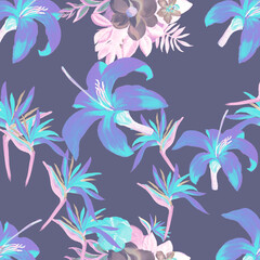 Fototapeta na wymiar Indigo Pattern Painting. Coral Tropical Art. Navy Floral Nature. Blue Flora Art. Cobalt Decoration Exotic. Purple Wallpaper Hibiscus. Violet Spring Plant.
