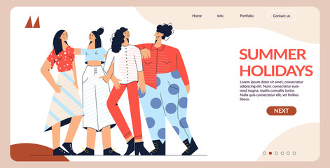 Fashionable young summer women in casual style. Trendy female character. Girl power and feminist movement. Urban shopping girls. Female diverse faces. Flat vector illustration for web banner template