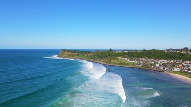 Ocean Waves At The Waterfront Of Seven Mile Beach And Lennox Head Mainland In Australian State Of New South Wales. aerial