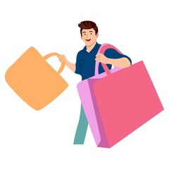 Shopping people vector concepts. Flat design. Characters with gift boxes, paper bags. Pleasure of purchase. For sales and discounts