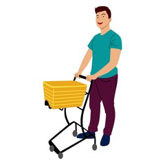 Shopping people vector concepts. Flat design. Characters with trolley. Pleasure of purchase. For sales and discounts