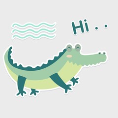 Cute alligator sticker vector. Perfect set for scrapbooking, baby shower, childish poster, tag, sticker kit. Kawaii alligator wild animal pastel color korean style.