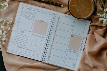 Top view of an open journal with calendars and to do lists - obrazy, fototapety, plakaty