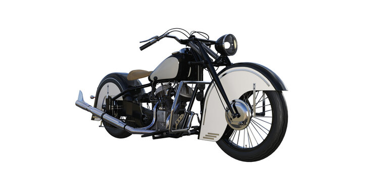 Old sports motorcycle with two cylinder engine. Object isolated on white background and rendered at different angles. 3d rendering, 3d illustration.