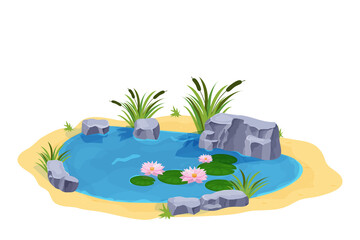 Lake with calm water, lily flowers, bulrush and stones in cartoon style isolated on white background. Outdoor natural pond. . Vector illustration