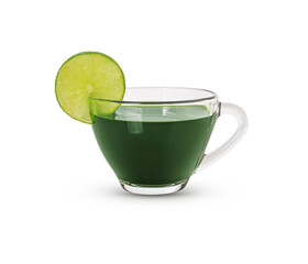  Lemon green tea with a glass of tea on white background