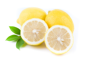 Yellow Lemon citrus half slices with leaf isolated on white background