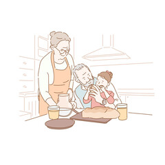 An elderly couple is feeding their granddaughter food.
