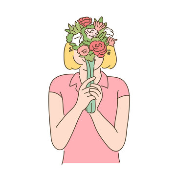 recommend clip art: A woman is holding a flower in her hand and covering her face.