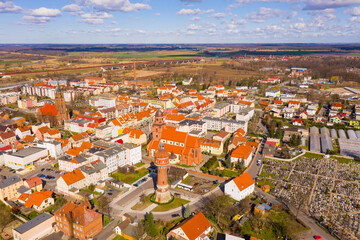 Picturesque view from drone of city of Zmigrod at sunny spring day, Poland
