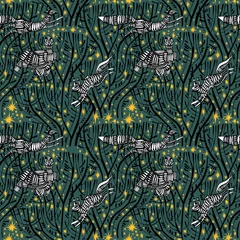 Gardinen Tree branches at dreamy starry night with animals and birds seamless pattern in minimalism aesthetic background. © PhoenixNeon