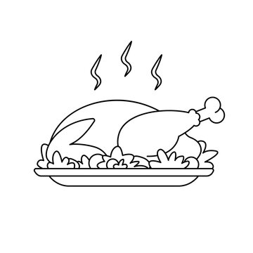 recommend clip art: Baked bird on plate. Roast turkey or chicken on platter. Food for traditional holiday dinner. Vector outline illustration