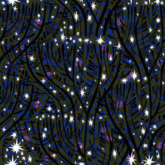 Funky tree branches at dreamy magic night with stars in the sky. Natural seamless pattern in minimalism background.