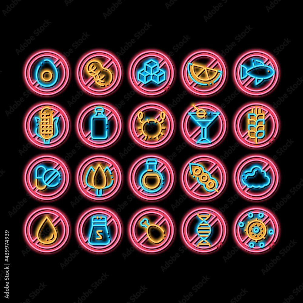 Poster Allergen Free Products neon light sign vector. Glowing bright icon Allergen Free Food, Drink Pictograms. Healthy Produce, Safe Dairy, Poultry, Cereals. Genetic Nutrients Intolerance Illustrations