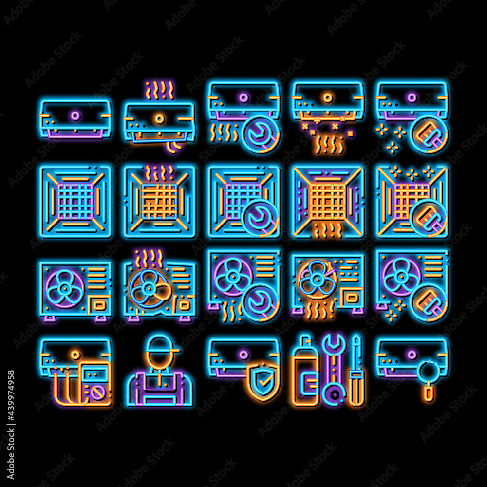 Poster Conditioner Repair neon light sign vector. Glowing bright icon Conditioner Repair, Fixing Equipment Pictograms. Air Conditioning System Maintenance, Technical Support, Tools Kit Illustrations