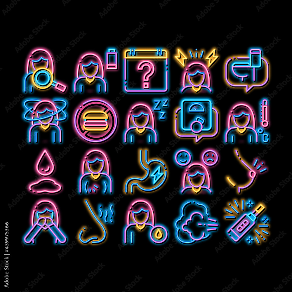 Wall mural Symptomps Of Pregnancy Element neon light sign vector. Glowing bright icon Fatigue And Nausea, Food Aversion And Frequent Urination, Constipation And Faintness Symptomps Of Pregnancy Illustrations