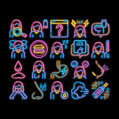 Symptomps Of Pregnancy Element neon light sign vector. Glowing bright icon Fatigue And Nausea, Food Aversion And Frequent Urination, Constipation And Faintness Symptomps Of Pregnancy Illustrations