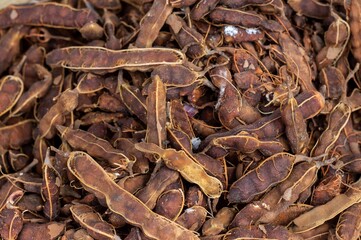 Closeup of Organic Ripe Tamarind in a Vegetable Market for Selling