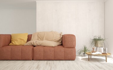 White living room with sofa. Scandinavian interior design. 3D illustration