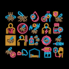 Malaria Illness Dengue neon light sign vector. Glowing bright icon Malaria Mosquito, Spray And Protect Cream Bottle, Sick Human And Treatment Illustrations