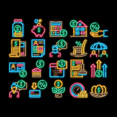 Pension Retirement neon light sign vector. Glowing bright icon Money in Glass Bottle And Box, Calculator And Clock, Pension Finance Illustrations