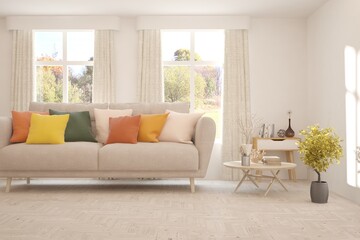 Stylish room in white color with sofa and autumn landscape in window. Scandinavian interior design. 3D illustration