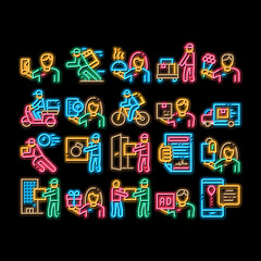 Courier Delivery Job neon light sign vector. Glowing bright icon Courier On Scooter And Bicycle, Truck And Agreement, Weight Box And Flowers Illustrations