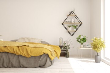 Soft color bedroom interior with yellow pillow. Scandinavian design. 3D illustration