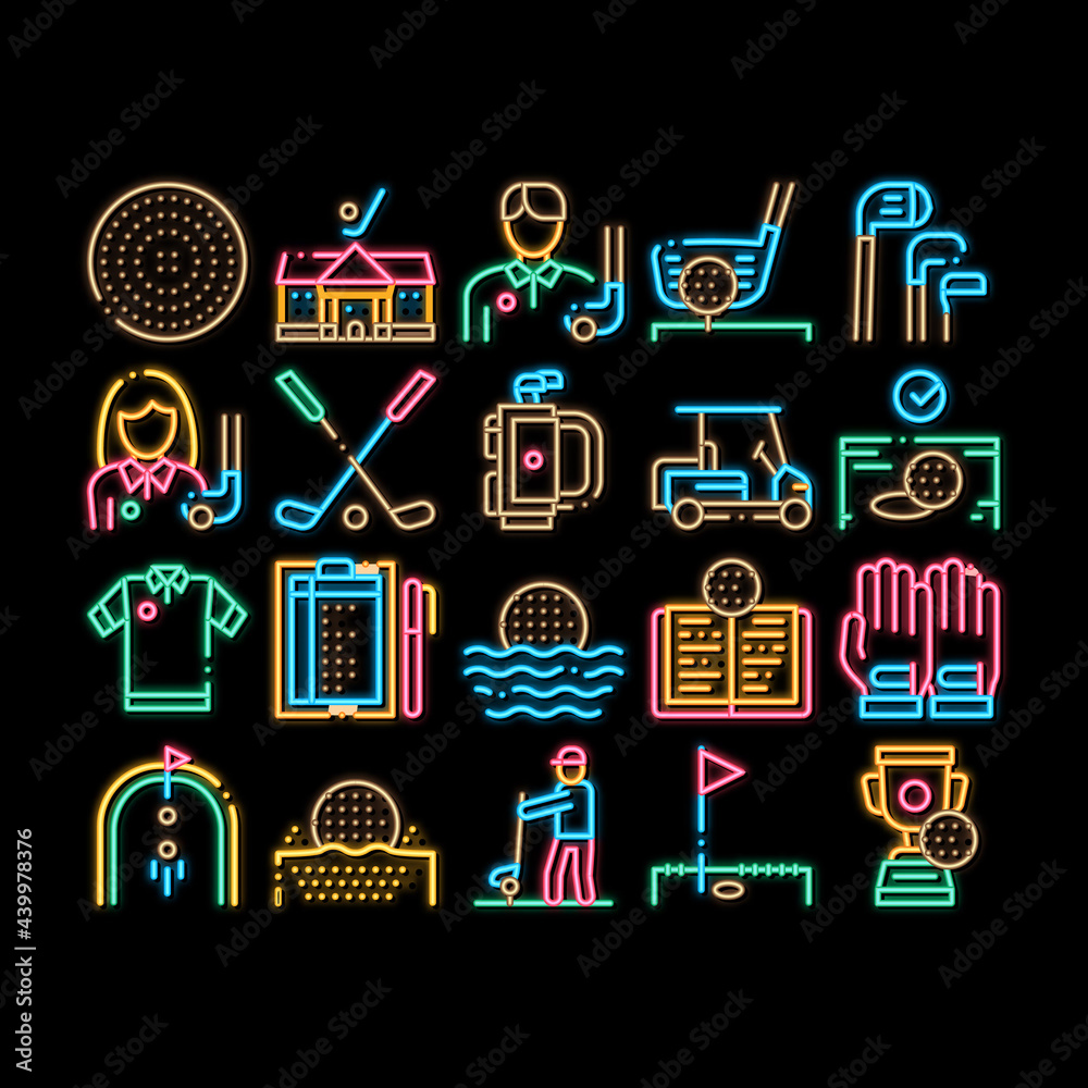 Poster golf game equipment neon light sign vector. glowing bright icon golf club building and putter with b