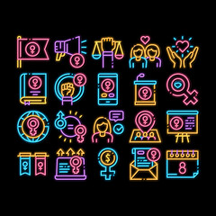 Feminism Woman Power neon light sign vector. Glowing bright icon Feminism Symbol On Flag And Gps Mark, Lesbians And Hand Hold Scales, Equality And Love Illustrations