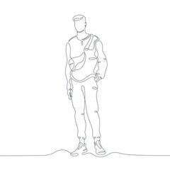 One continuous line.Young man for a walk. Fashionable design for casual wear. Trendy hipster. One continuous drawing line logo isolated minimal illustration.